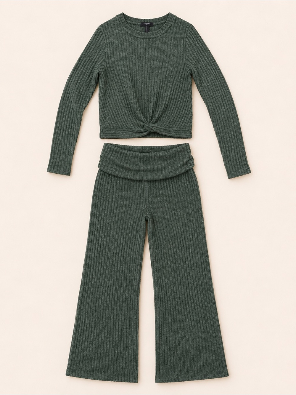 Soho Apparel Olive Ribbed Knit Twist-Front Top & Wide-Leg Pants Set